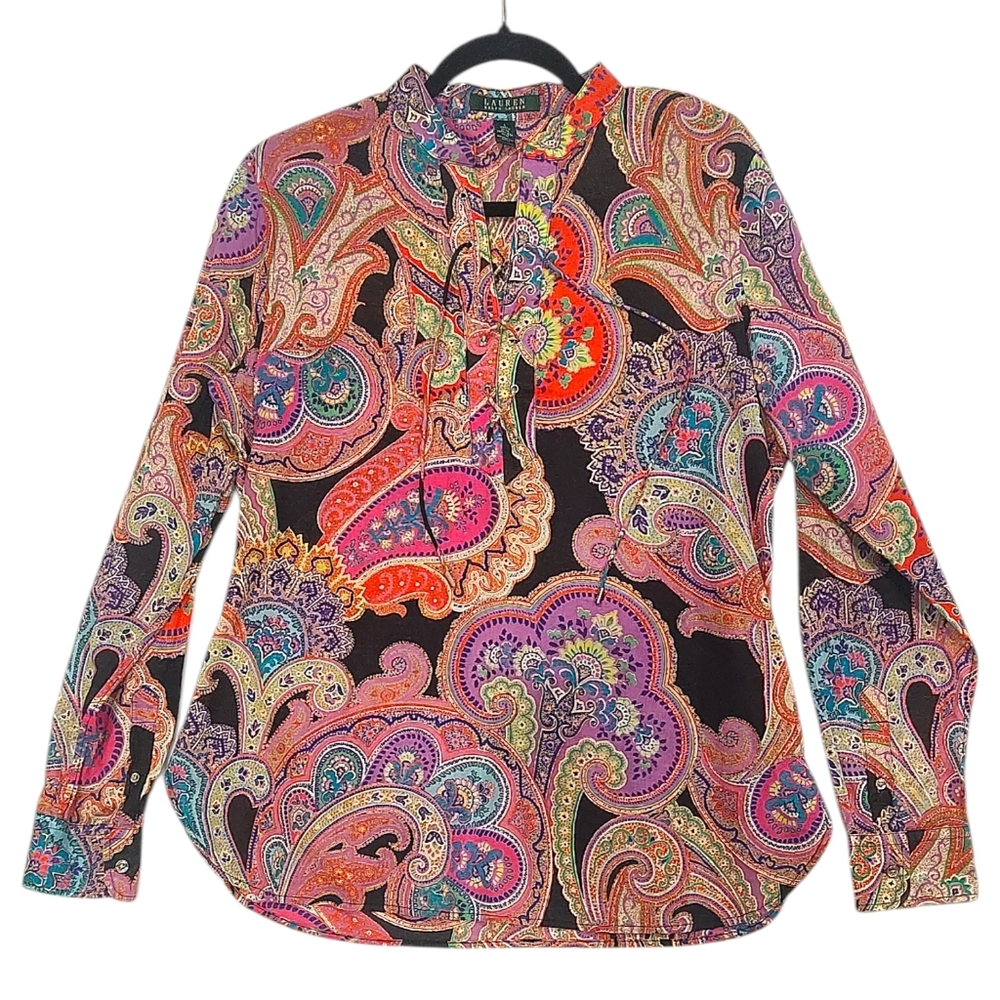 Hippie Cotton Paisley Shirt Lightweight Lace-Up Top Size Large LRL Festival